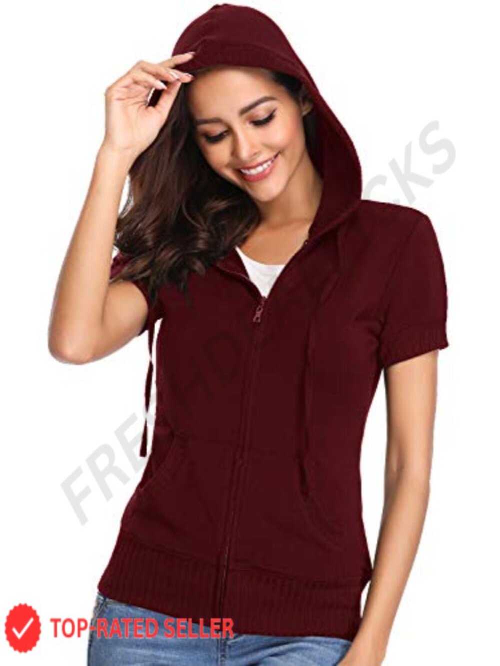 Womens Short Sleeve Full Zip Up Hoodie Cotton Slim Fit Sweatshirt Pocket